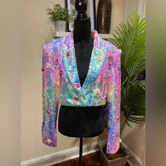 Nasty Gal Premium Floral Embellished Pink Iridescent Sequin Cropped Blazer 12 - Picture 4 of 16